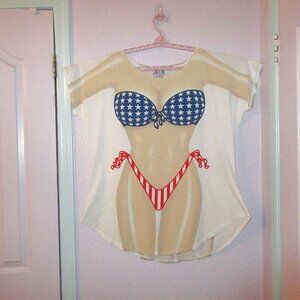 Y2K Vintage My Bikini Cover Up T-Shirt Stars & Stripes Patriotic One Size USA